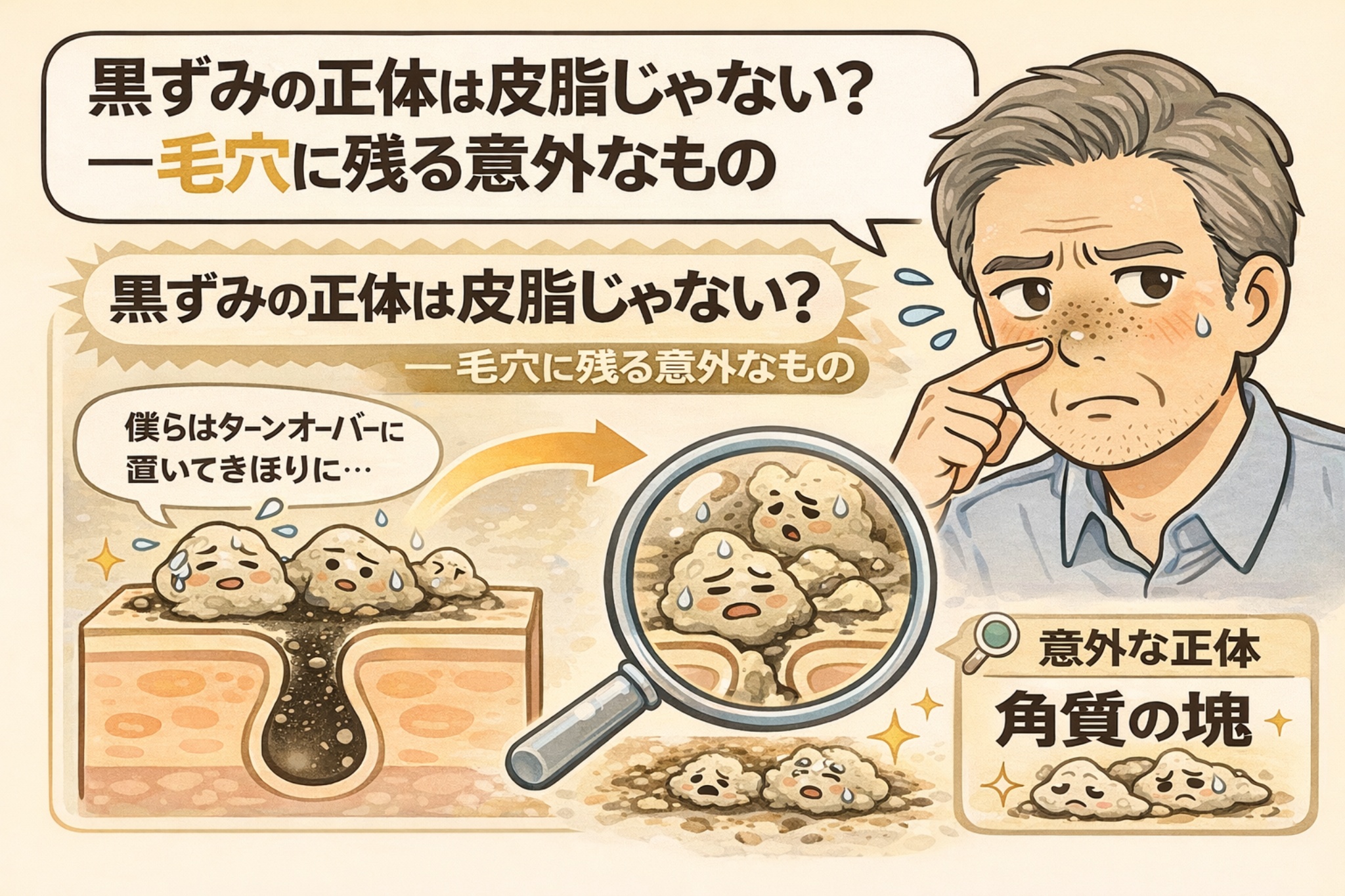 黒ずみの正体が皮脂ではなく、毛穴に残った角質の塊であることを解説したイラスト。ターンオーバーで剥がれるはずの角質が毛穴内に留まり、時間とともに黒く見える仕組みを、毛穴断面図と拡大図、黒ずみに悩む男性の表情で分かりやすく示している。