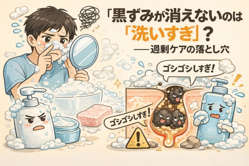 泡だらけで洗顔しすぎる男性が鏡を見て悩む様子と、洗浄剤や泡を擬人化したキャラクター、毛穴断面に詰まった黒角栓を描いた図解イラスト。「黒ずみが消えない原因は洗いすぎ」というテーマで、過剰な洗顔が皮脂バランスを崩し、毛穴トラブルを悪化させる構造を視覚的に表現している。