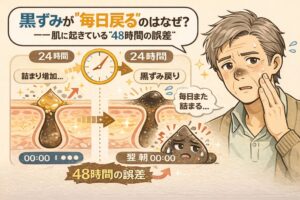 黒ずみが毎日戻る理由を「48時間の誤差」という時間構造で解説した日本風2Dフラットイラスト。毛穴断面で皮脂が24時間ごとに詰まり・酸化して黒ずみが再発する流れを示し、鼻の黒ずみを気にする男性の表情と時計アイコンで時間差を視覚化している。