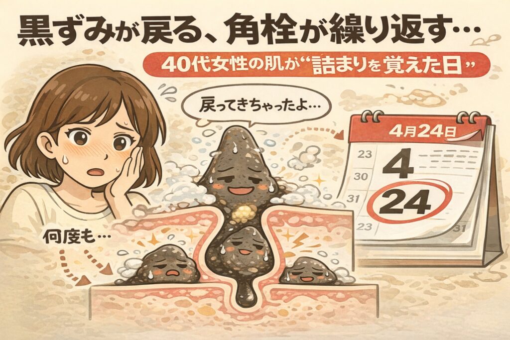 40代女性の肌で黒ずみが戻り、角栓が繰り返し詰まる理由を描いた図解イラスト。毛穴断面に角栓が再形成される様子と、カレンダーによる周期表現を通じて、「詰まりを覚えた肌」の再発構造を視覚的に示している。