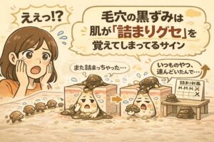 毛穴の黒ずみが「詰まりグセ」として定着している状態を解説した図解イラスト。黒ずみが繰り返し詰まる様子を、毛穴断面と擬人化キャラクターで表現し、肌が詰まりを“覚えてしまう”構造的サインであることを分かりやすく示している。