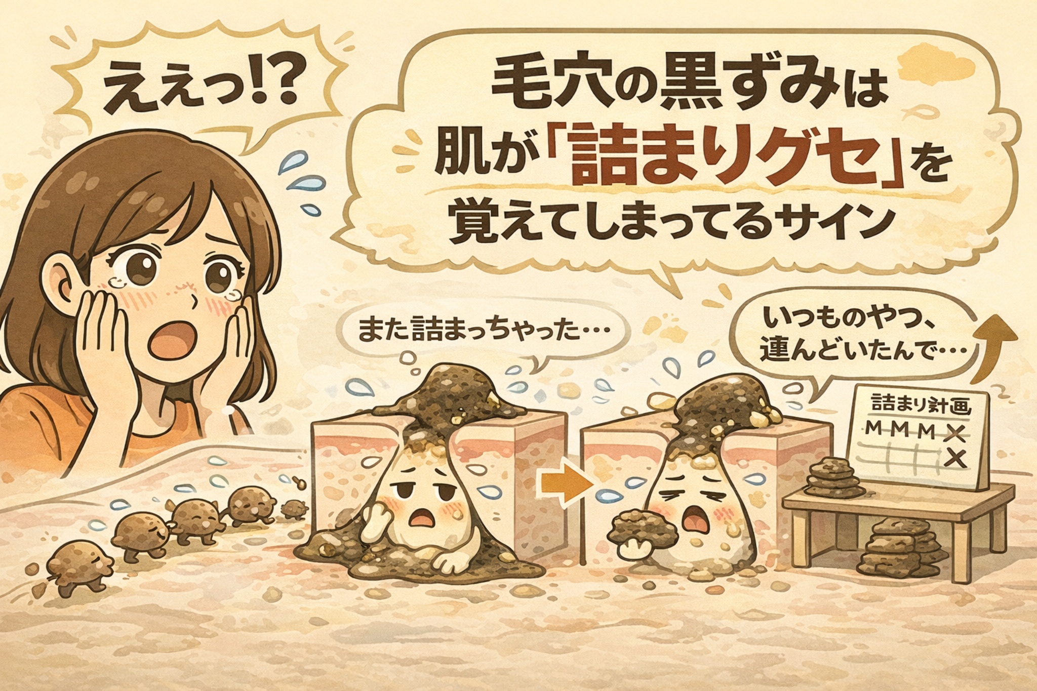 毛穴の黒ずみが「詰まりグセ」として定着している状態を解説した図解イラスト。黒ずみが繰り返し詰まる様子を、毛穴断面と擬人化キャラクターで表現し、肌が詰まりを“覚えてしまう”構造的サインであることを分かりやすく示している。