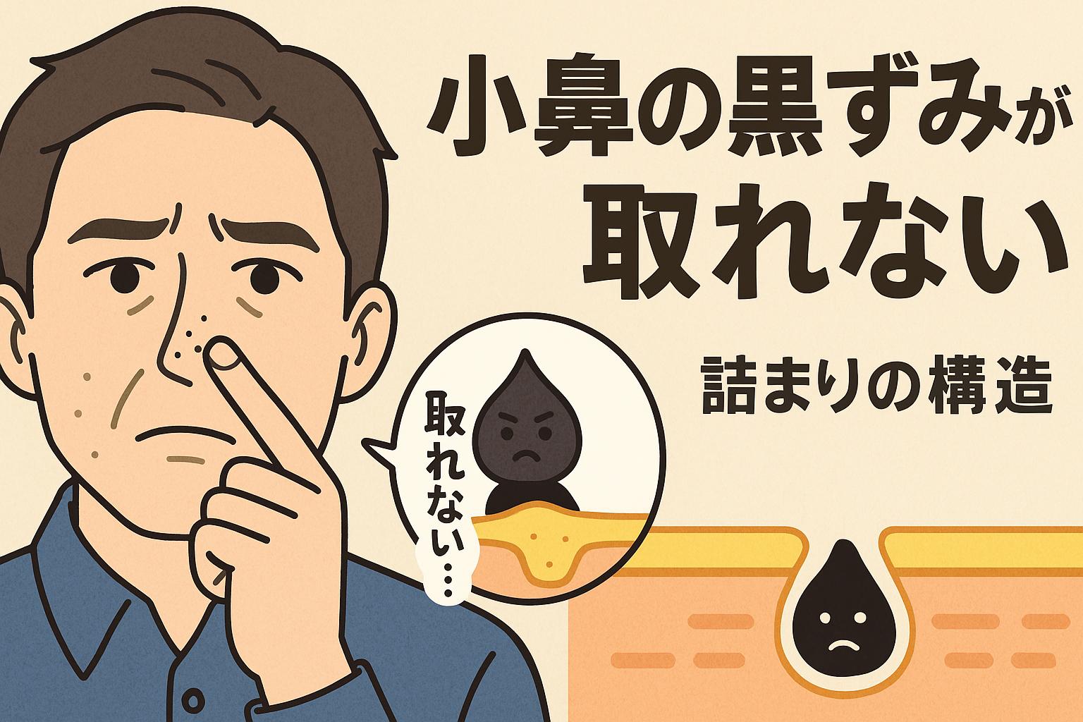 小鼻の黒ずみが取れない悩みを抱える50代男性を描いたイラスト。鼻を気にする表情の男性と、「取れない…」とつぶやく黒ずみキャラ、毛穴断面図を組み合わせ、詰まり構造の深さと取りづらさを視覚的に訴える構成。