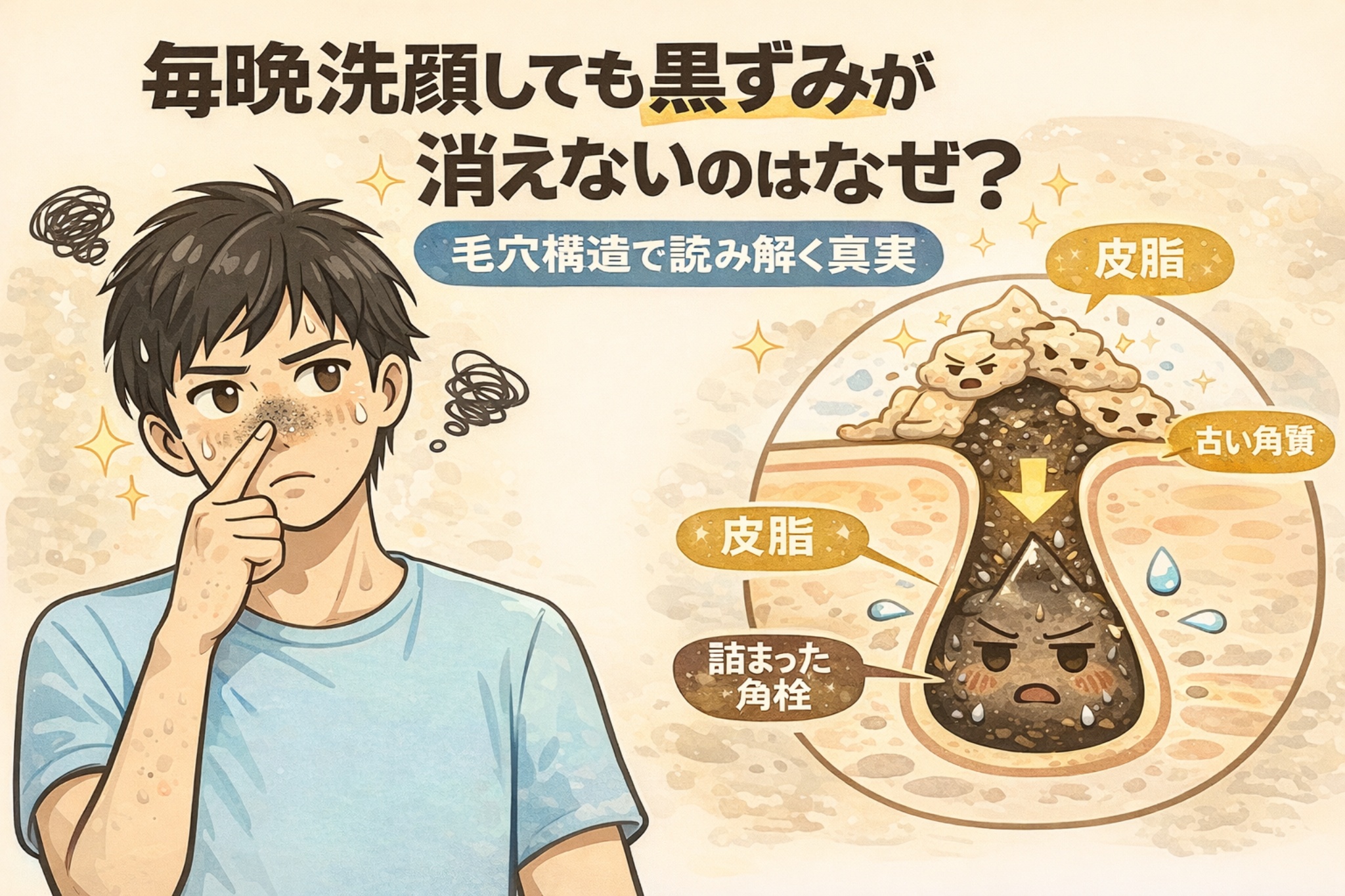 毎晩洗顔しても黒ずみが消えない理由を毛穴構造で解説したイラスト。鼻の黒ずみに悩む男性と、皮脂や古い角質が毛穴内部で詰まり黒ずみになる断面図が描かれている。
