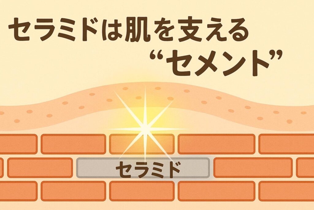 「セラミドは肌を支える“セメント”」というタイトルが大きく描かれたイラスト。肌の角質層をレンガとセメントに見立て、レンガ=角質細胞、セメント=セラミドとして表現。中央のセラミド部分が光を放ち、肌のバリア機能を支える様子を示している。