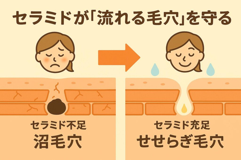 「セラミドが『流れる毛穴』を守る」と題した2分割の図解。
左側はセラミド不足の状態で、毛穴が詰まり黒ずんだ「沼毛穴」として描かれ、女性の顔は不安そうな表情。
右側はセラミドが十分な状態で、毛穴がスムーズに皮脂を流す「せせらぎ毛穴」として描かれ、女性の顔は安心した笑顔になっている。
