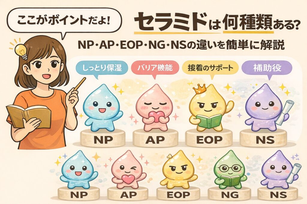 セラミドの種類（NP・AP・EOP・NG・NS）の違いをわかりやすく解説した図解イラスト。各セラミドの役割を、しっとり保湿、バリア機能、接着サポート、補助役などの機能別に擬人化キャラクターで表現し、スキンケア成分としての特徴を比較している。