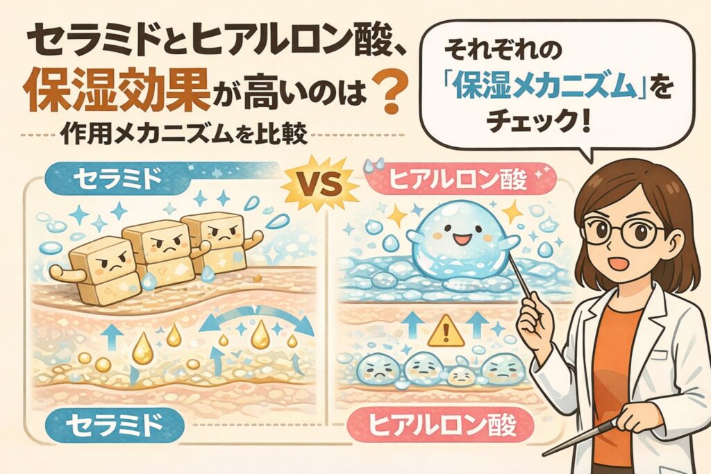 セラミドとヒアルロン酸の保湿効果を、作用メカニズムの違いから比較解説する図解イラスト。左側ではセラミドが角質層のすき間を埋めて水分の蒸発を防ぐ様子、右側ではヒアルロン酸が水分を抱え込んで肌表面を潤す様子が描かれている。中央に「VS」、右側には白衣を着た女性が指差しで解説し、それぞれの保湿メカニズムの特徴をわかりやすく伝えている。