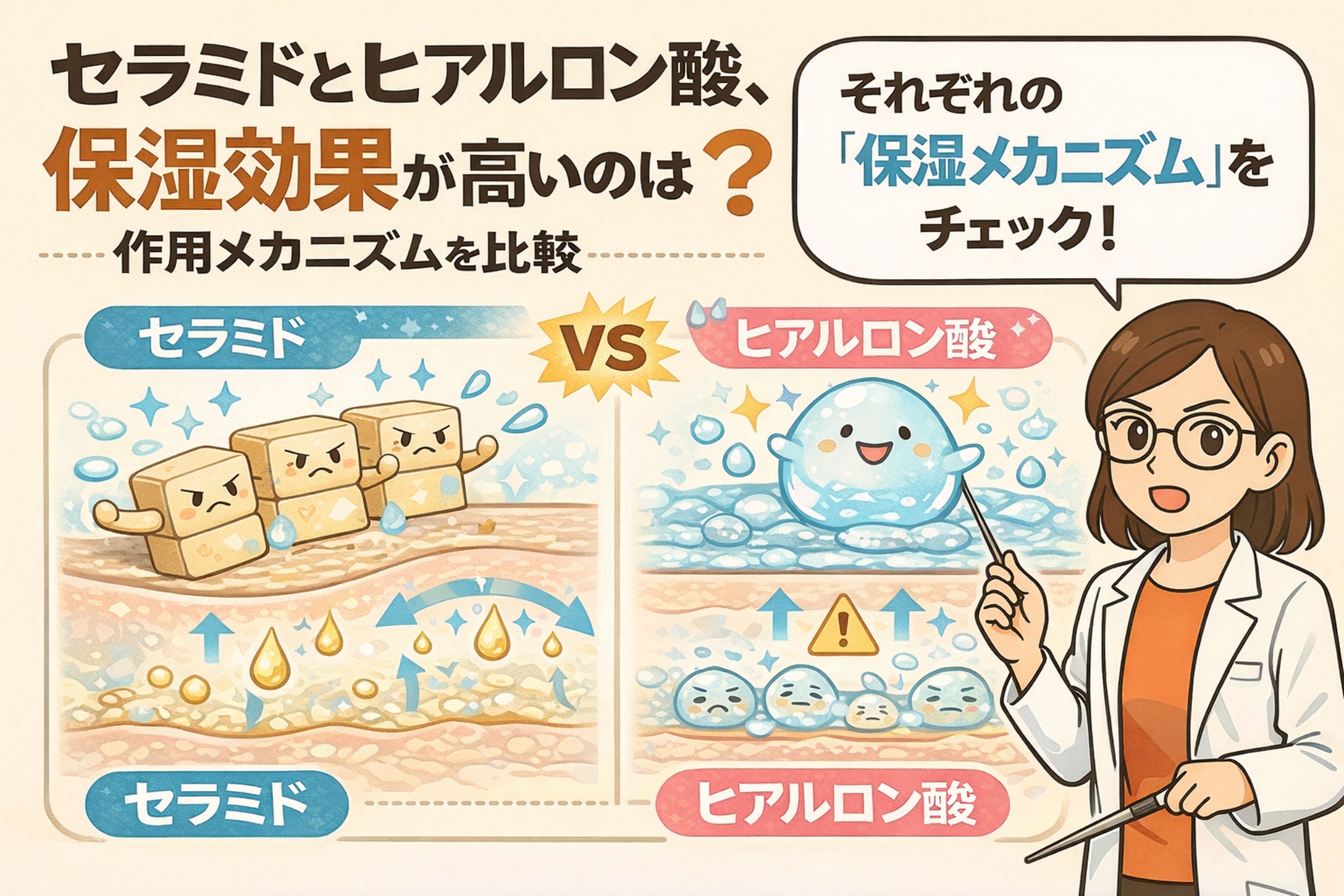 セラミドとヒアルロン酸の保湿効果を、作用メカニズムの違いから比較解説する図解イラスト。左側ではセラミドが角質層のすき間を埋めて水分の蒸発を防ぐ様子、右側ではヒアルロン酸が水分を抱え込んで肌表面を潤す様子が描かれている。中央に「VS」、右側には白衣を着た女性が指差しで解説し、それぞれの保湿メカニズムの特徴をわかりやすく伝えている。