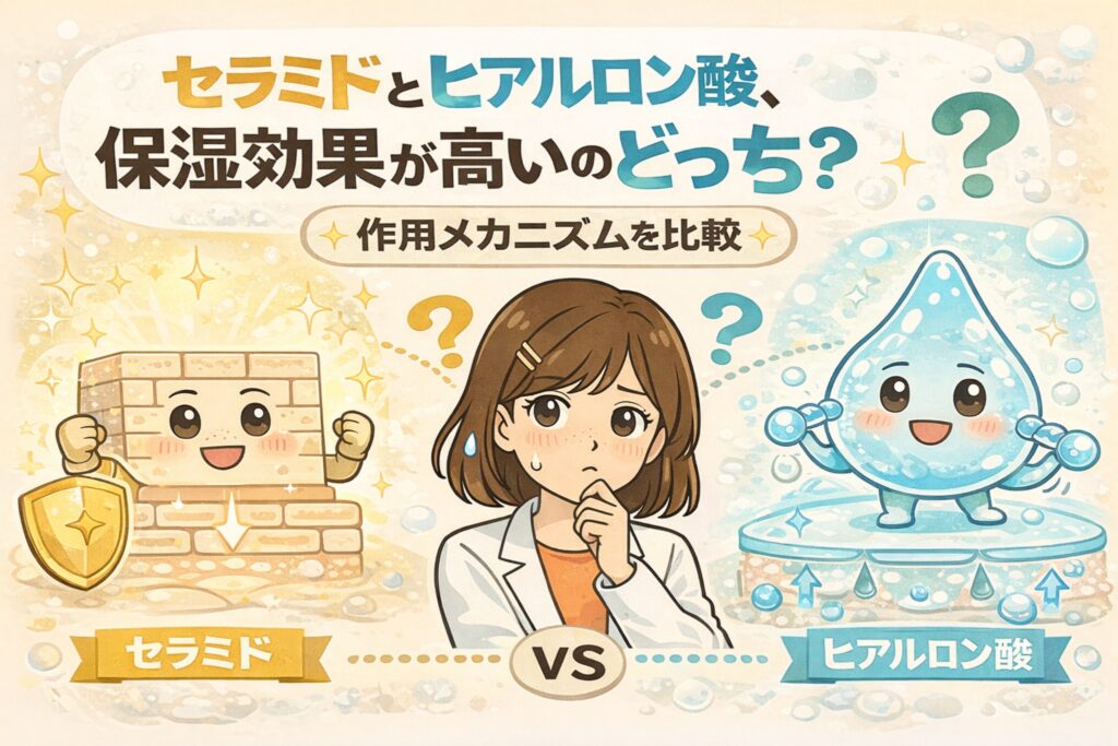 セラミドとヒアルロン酸のどちらが保湿効果に優れているかを、擬人化した成分キャラクターと比較図で解説したイラスト。肌のバリアを守るセラミドと、水分を抱え込むヒアルロン酸の作用メカニズムの違いを、迷う女性の視点でわかりやすく示している。