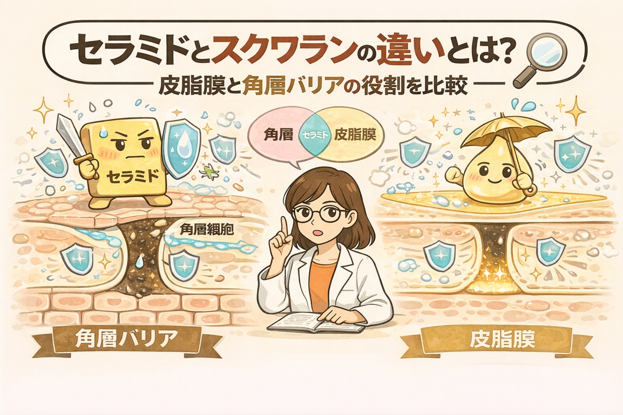 セラミドとスクワランの違いを、角層バリアと皮脂膜の役割の視点で比較したイラスト。セラミドは角層内で水分を支えるバリア機能、スクワランは肌表面でうるおいを守る皮脂膜の役割を担うことを、断面図とキャラクターでわかりやすく解説している。