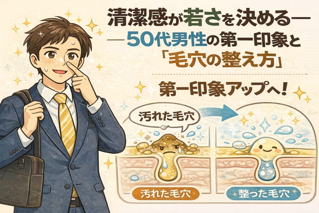 清潔感が若々しさと第一印象を左右することを、50代男性の毛穴ケア視点で解説した図解イラスト。鼻周りの毛穴を気にするスーツ姿の男性と、汚れた毛穴から整った毛穴へ変化する断面図を比較し、毛穴を整えることで第一印象がアップすることを示している。