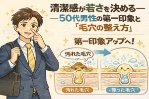 清潔感が若々しさと第一印象を左右することを、50代男性の毛穴ケア視点で解説した図解イラスト。鼻周りの毛穴を気にするスーツ姿の男性と、汚れた毛穴から整った毛穴へ変化する断面図を比較し、毛穴を整えることで第一印象がアップすることを示している。