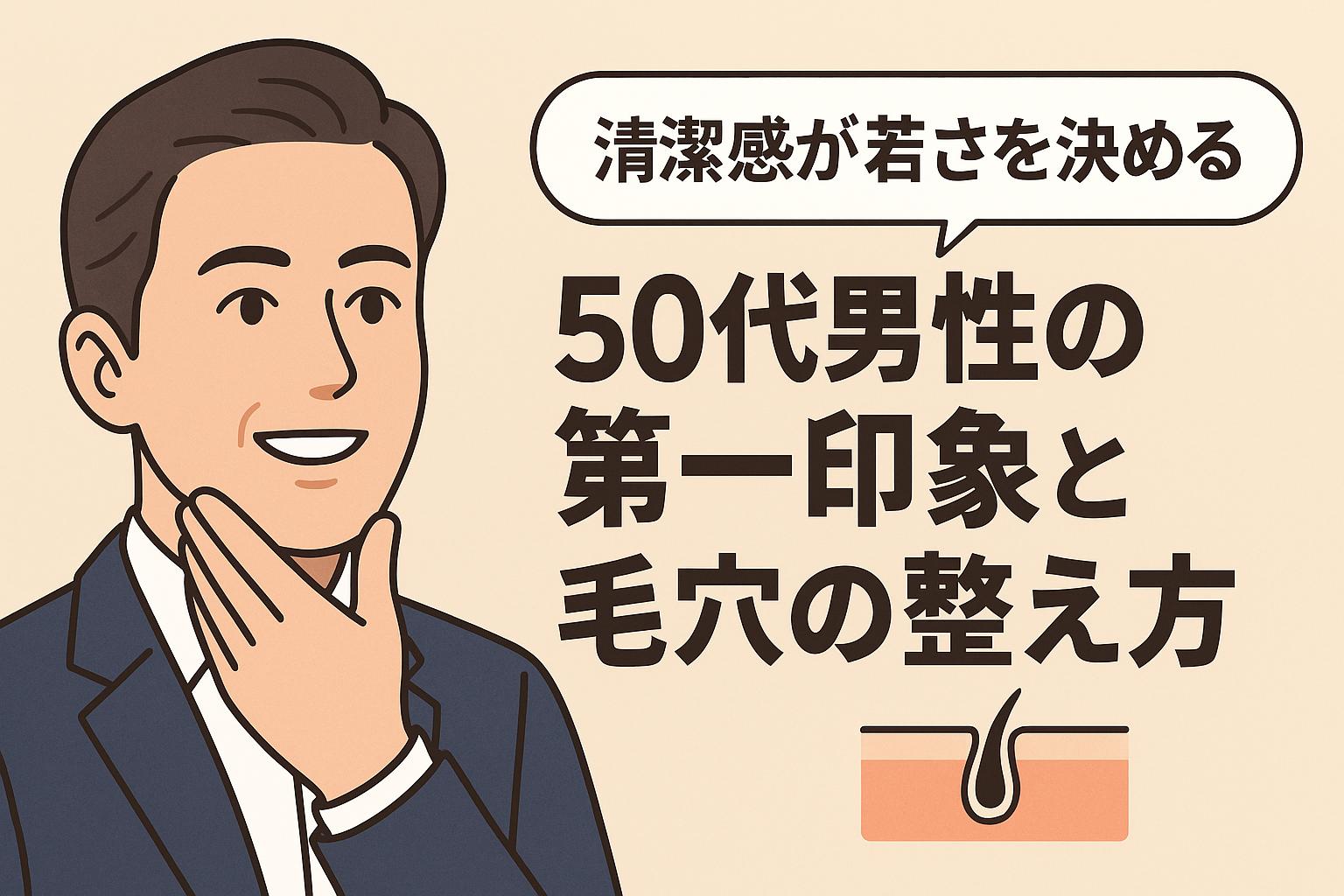 清潔感が第一印象に与える影響をテーマにした50代男性向けのイラスト。スーツ姿で爽やかに微笑む男性と、整った毛穴の断面図が配置されており、肌の手入れが若々しさと印象を左右することを視覚的に表現している。