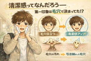洗顔中の若い男性と、毛穴状態による印象の違いを比較した図解イラスト。「清潔感ってなんだろう—第一印象は毛穴で決まってた!?」という見出しのもと、毛穴が目立つ状態から整った状態へ変化する様子が描かれている。毛穴の汚れや角栓があると清潔感が下がり、毛穴が引き締まることで清潔感がアップするという関係を、人物表情と毛穴断面の擬人化で分かりやすく示した教育用ビジュアル。