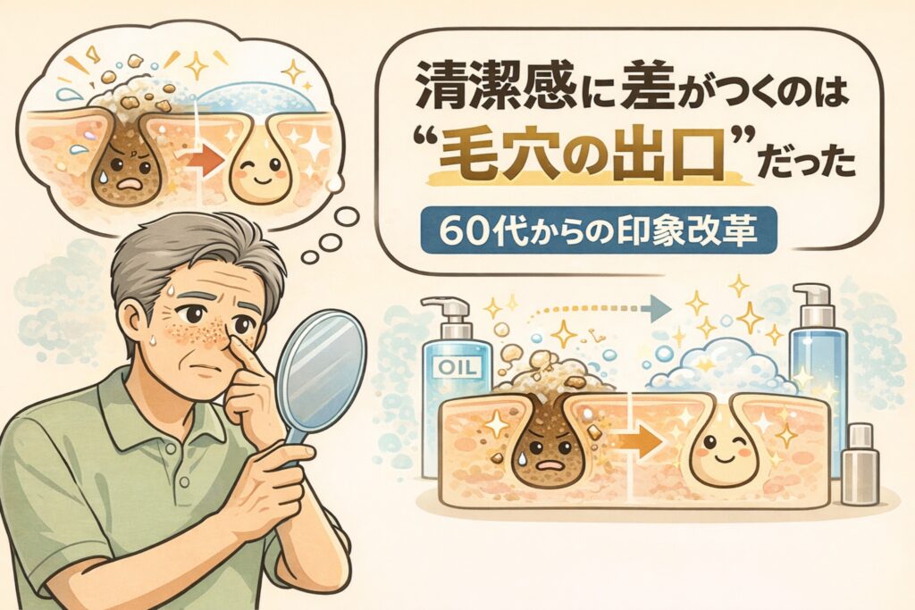 清潔感の印象に差が出る理由が「毛穴の出口」にあることを、60代からの印象改善という視点で解説したイラスト。毛穴の出口に角質や汚れが残っている状態と、洗浄やケアによって出口が整い明るく見える状態を対比し、鏡を見る男性と毛穴断面図で分かりやすく示している。