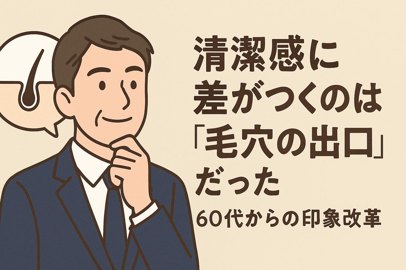 60代男性が清潔感について考えるように顎に手を添え、穏やかな笑みを浮かべているイラスト。左上には毛穴の断面図が吹き出しで示されており、「毛穴の出口」が清潔感に関係することを暗示している。右側には「清潔感に差がつくのは『毛穴の出口』だった　60代からの印象改革」という太字の日本語テキストが配置され、見た目の印象改善と構造的スキンケアの重要性を伝える構成。