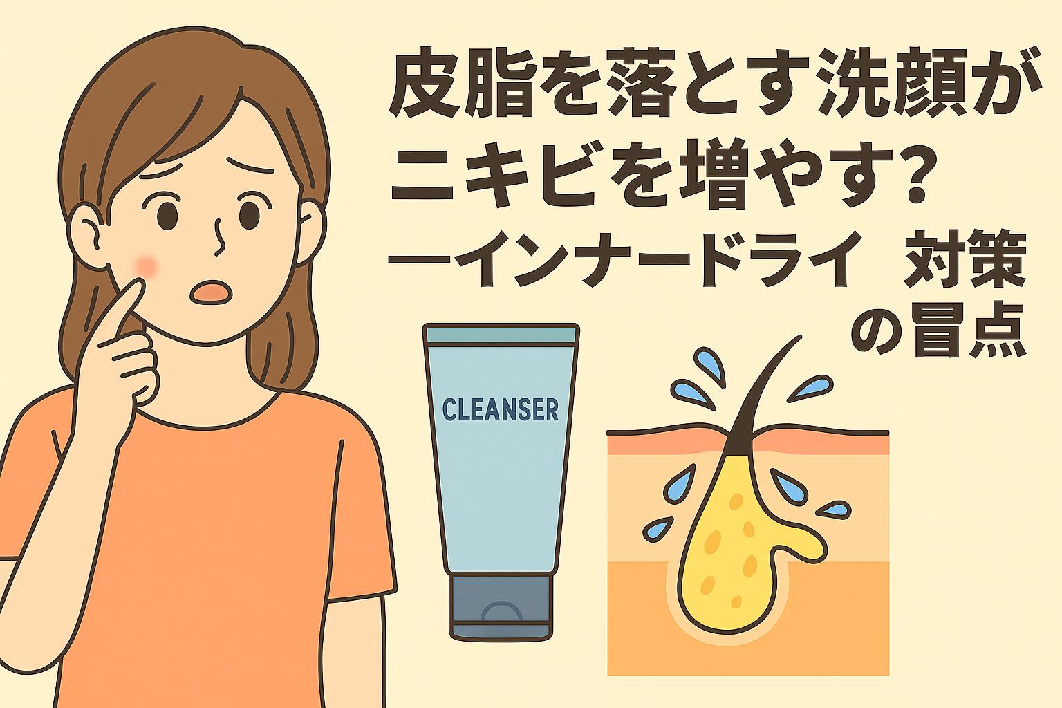赤ニキビを頬に抱える女性が不安げに触れるイラスト。右側には「皮脂を落とす洗顔がニキビを増やす？インナードライ対策の盲点」という見出しと、クレンザーのイラストと、皮脂の分泌と乾燥の様子を示す毛穴図解が表示されている。