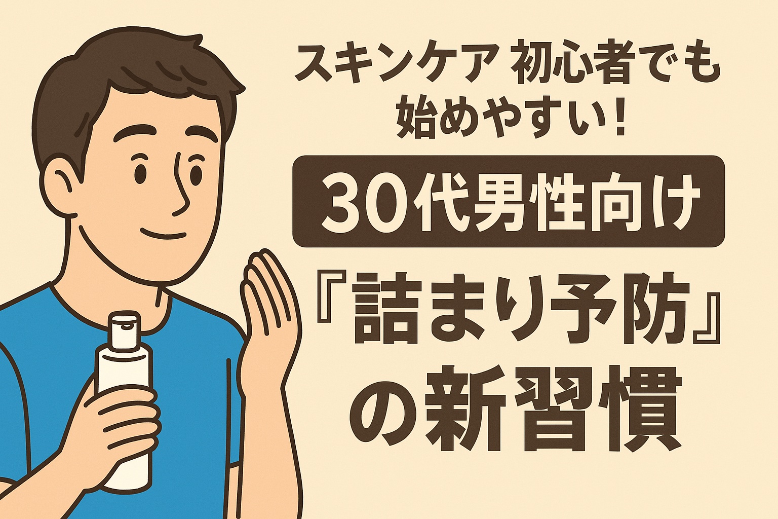 スキンケア初心者の30代男性が笑顔でボトルを手にし、詰まり予防の新習慣を始める様子を描いたイラスト。やさしい配色と読みやすい日本語テキスト入り。