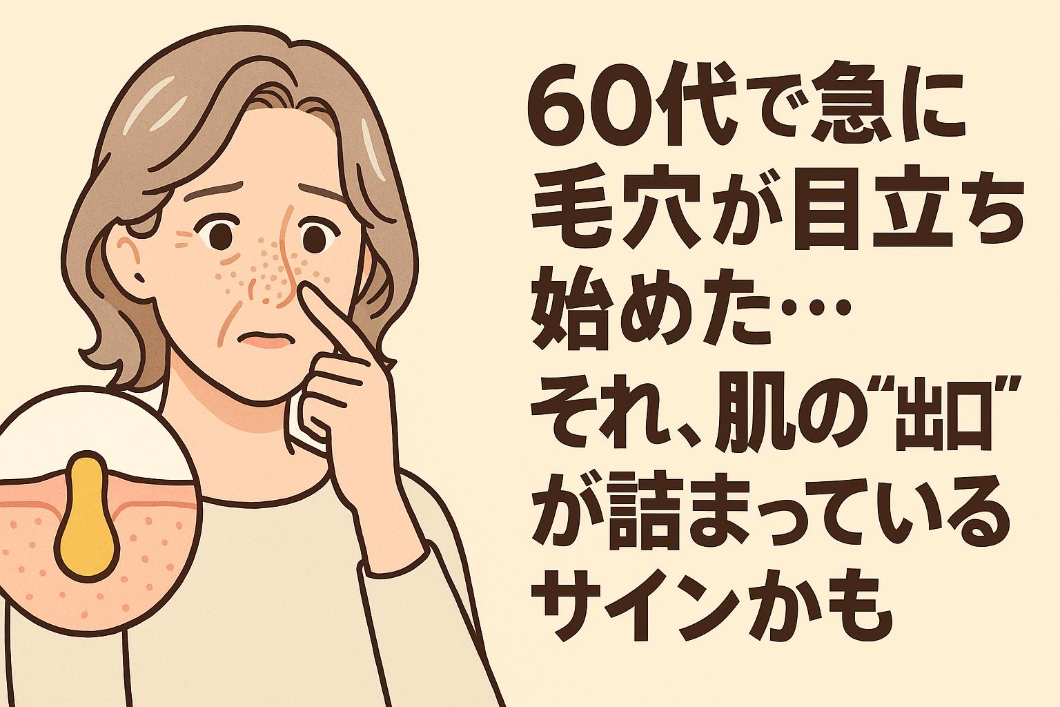 60代女性が鼻の毛穴を指で触りながら詰まりを気にしている様子。鼻には目立つ毛穴と黒ずみが描かれており、左下には皮脂詰まりを示す毛穴の断面図が添えられている。右側には「60代で急に毛穴が目立ち始めた…それ、肌の“出口”が詰まっているサインかも」という太字の日本語テキストがある。