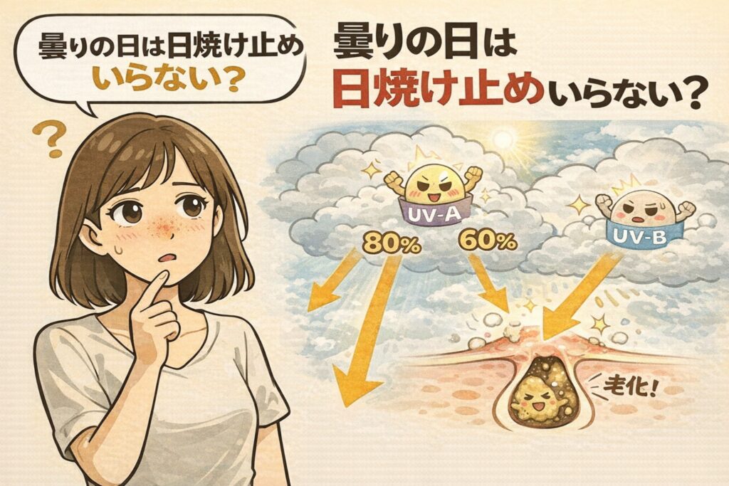 曇りの日でも日焼け止めが必要な理由を説明したイラスト。雲を通過して届くUV-AとUV-Bが毛穴内部に影響し、皮脂の酸化や老化につながる様子を、数値（UV-A約80％、UV-B約60％）と毛穴断面図で分かりやすく示している。
