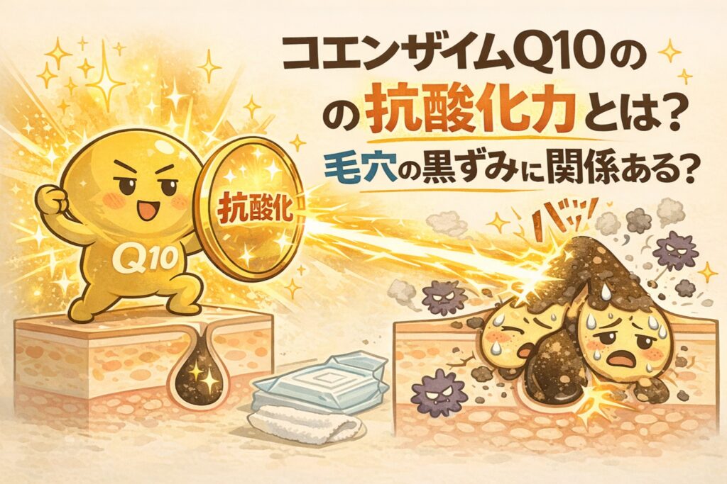 コエンザイムQ10（Q10）の抗酸化力と、毛穴の黒ずみとの関係を解説した図解イラスト。抗酸化シールドを持つQ10キャラクターが、毛穴内部で進む皮脂の酸化や黒ずみの原因に働きかける様子を描き、黒ずみ対策における抗酸化ケアの役割を分かりやすく示している。