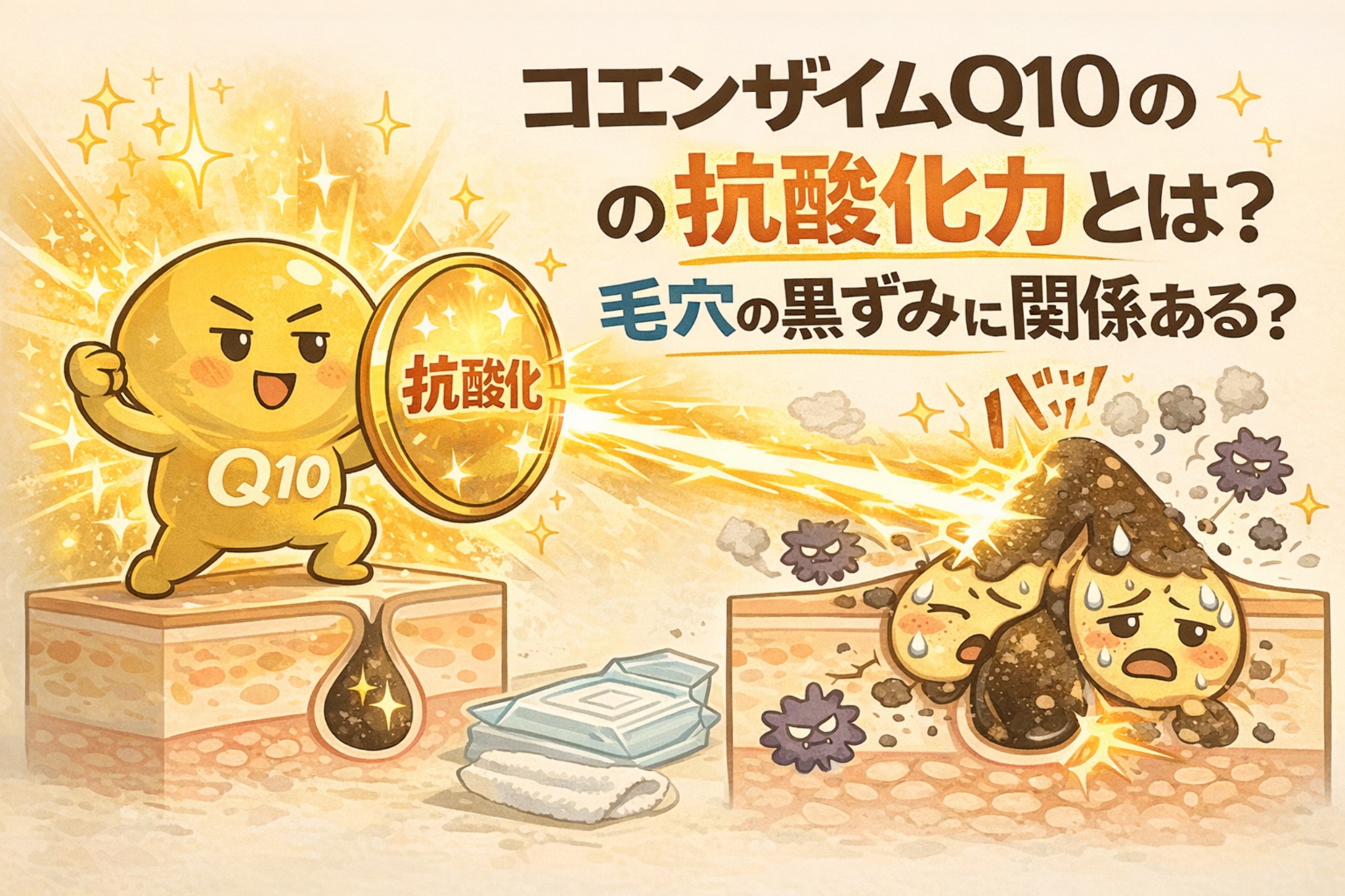 コエンザイムQ10（Q10）の抗酸化力と、毛穴の黒ずみとの関係を解説した図解イラスト。抗酸化シールドを持つQ10キャラクターが、毛穴内部で進む皮脂の酸化や黒ずみの原因に働きかける様子を描き、黒ずみ対策における抗酸化ケアの役割を分かりやすく示している。