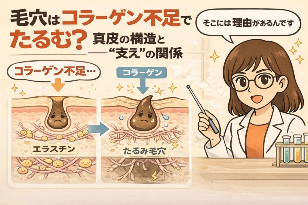 毛穴はコラーゲン不足でたるむのかを、真皮構造と「支え」の関係から解説するイラスト。コラーゲンやエラスチンが減少することで毛穴周囲の支持構造が弱まり、たるみ毛穴が生じる仕組みを毛穴断面図で比較している。白衣の女性が指し棒で説明し、たるみ毛穴の構造的な原因をわかりやすく伝える美容解説画像。