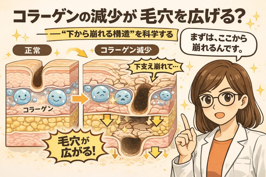 コラーゲンの減少によって毛穴が広がる仕組みを、皮膚断面構造で解説した図解イラスト。正常な状態とコラーゲン減少後を比較し、下から構造が崩れることで毛穴が縦に広がっていく過程を、専門家が説明している。