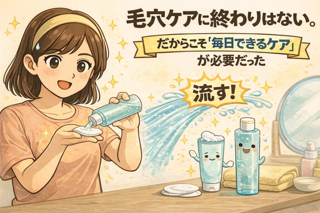 毛穴ケアに終わりはなく、だからこそ「毎日できるケア」が重要であることを伝えるイラスト。化粧水や洗浄アイテムを使ってやさしく流す習慣を実践する女性と、擬人化されたスキンケアボトルが描かれ、詰まりをためない日常ケアの大切さを明るい雰囲気で表現している。