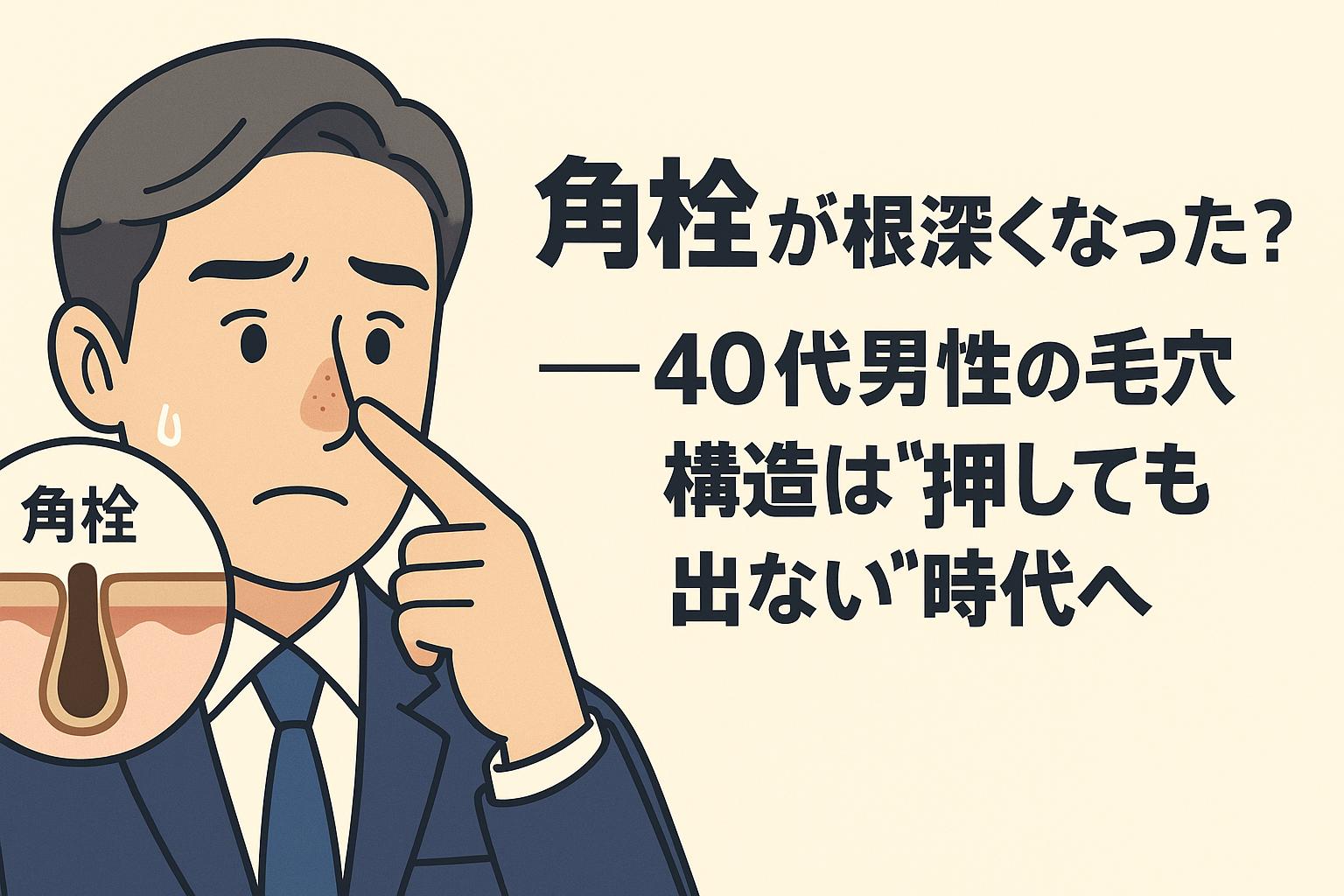 鼻の角栓を押し出そうとしても出ない40代男性を描いたイラスト。スーツ姿の男性が心配そうな表情で鼻を指で押し、頬には黒ずみが描かれている。左下には「角栓」と書かれた深く詰まった毛穴断面図が配置され、右側には「角栓が根深くなった？──40代男性の毛穴構造は“押しても出ない”時代へ」という太字のテキストが並び、加齢による毛穴詰まりの深刻化を示唆する構成。