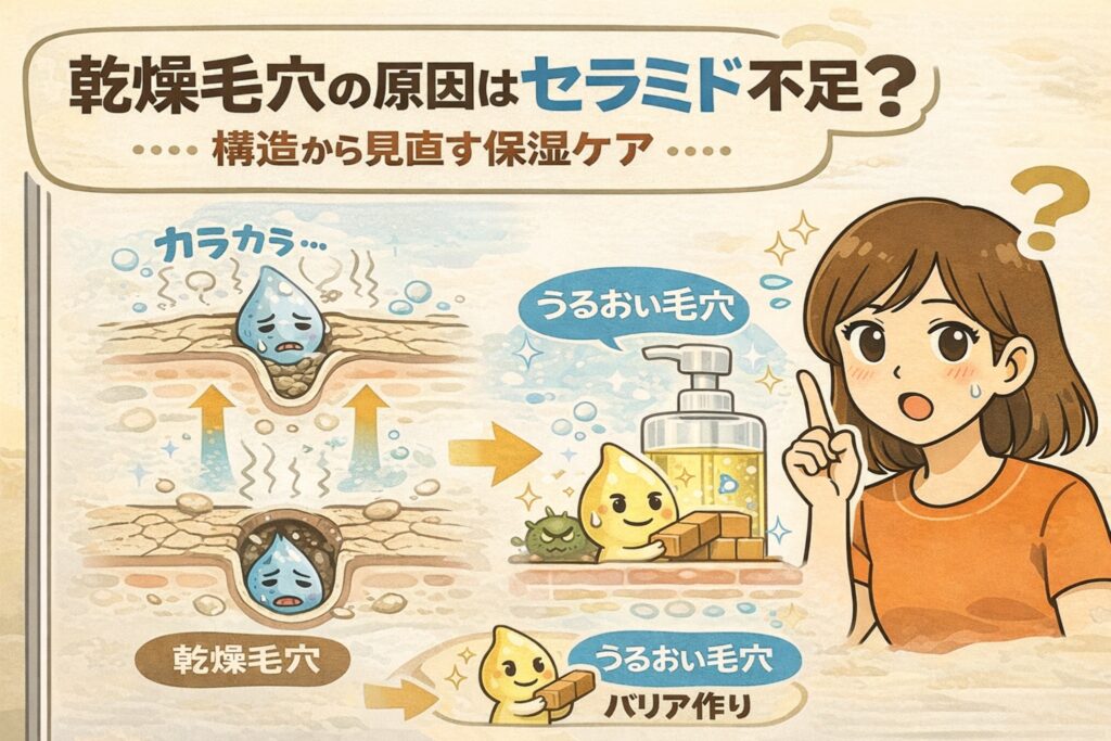 乾燥毛穴の原因がセラミド不足にある可能性を構造視点で解説するイラスト。水分が逃げてカラカラに乾いた毛穴断面と、セラミドでバリアを作りうるおいを保つ毛穴断面を比較。保湿剤ボトルとバリア形成を象徴するキャラクター、白衣の女性が「構造から見直す保湿ケア」を指差しで説明している構図。