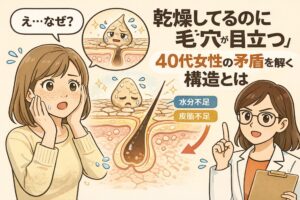 乾燥しているのに毛穴が目立つ理由を、40代女性の肌構造から解説したイラスト。頬の乾燥に悩む女性と、毛穴断面図で水分不足・皮脂不足により毛穴周囲がしぼみ、相対的に毛穴が目立つ仕組みが描かれている。白衣の女性が構造的な原因を説明している。