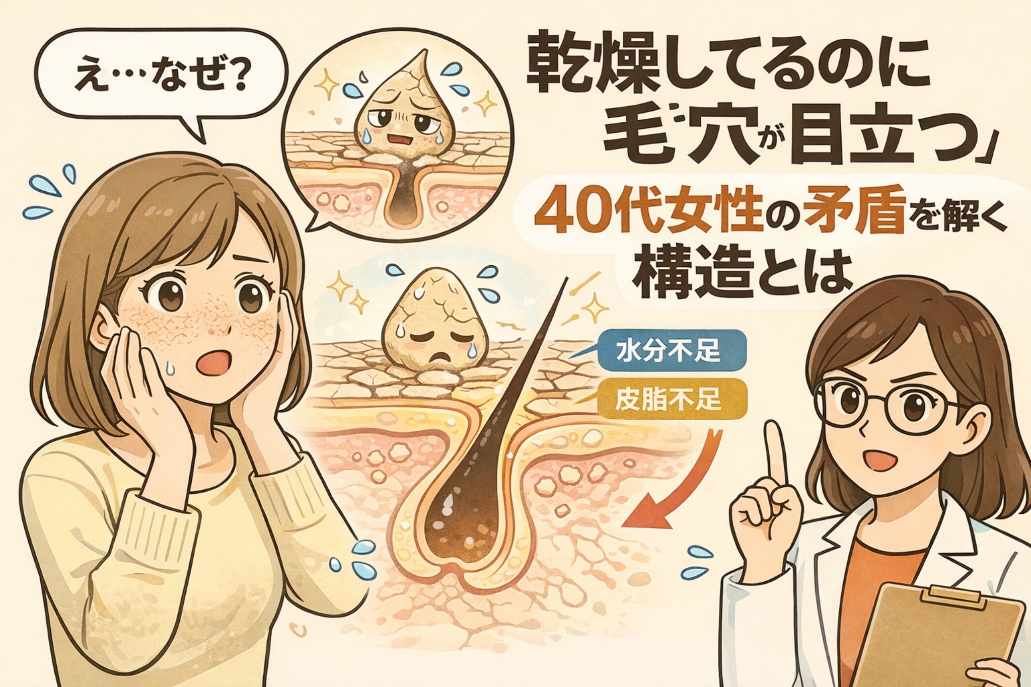 乾燥しているのに毛穴が目立つ理由を、40代女性の肌構造から解説したイラスト。頬の乾燥に悩む女性と、毛穴断面図で水分不足・皮脂不足により毛穴周囲がしぼみ、相対的に毛穴が目立つ仕組みが描かれている。白衣の女性が構造的な原因を説明している。