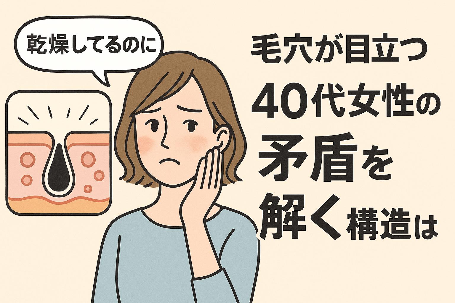 乾燥しているのに毛穴が目立つことに戸惑う40代女性が頬に手を当てて悩む様子。左には乾燥と毛穴拡大の構造図、右には「毛穴が目立つ40代女性の矛盾を解く構造とは」という説明的テキストが添えられているアイキャッチ画像。