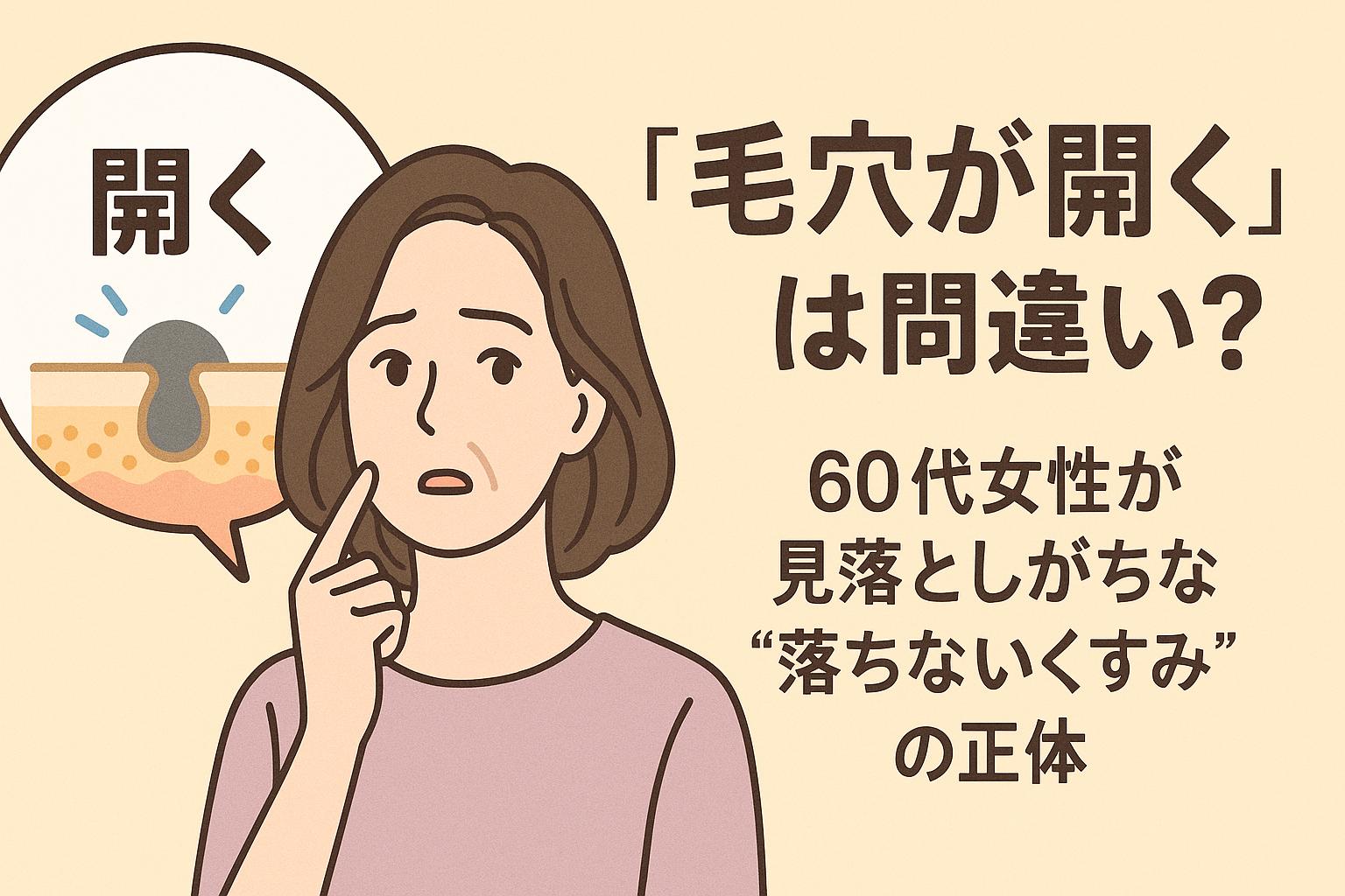 「毛穴が開くは間違い？」という問いかけをテーマにした60代女性向けのイラスト。くすみが落ちない理由を考える女性が頬に手を当てて悩む表情を浮かべ、吹き出しには「開く」と書かれた毛穴断面図が表示されている。誤解されがちな毛穴の開きとくすみの構造的関係を視覚的に示す構成。