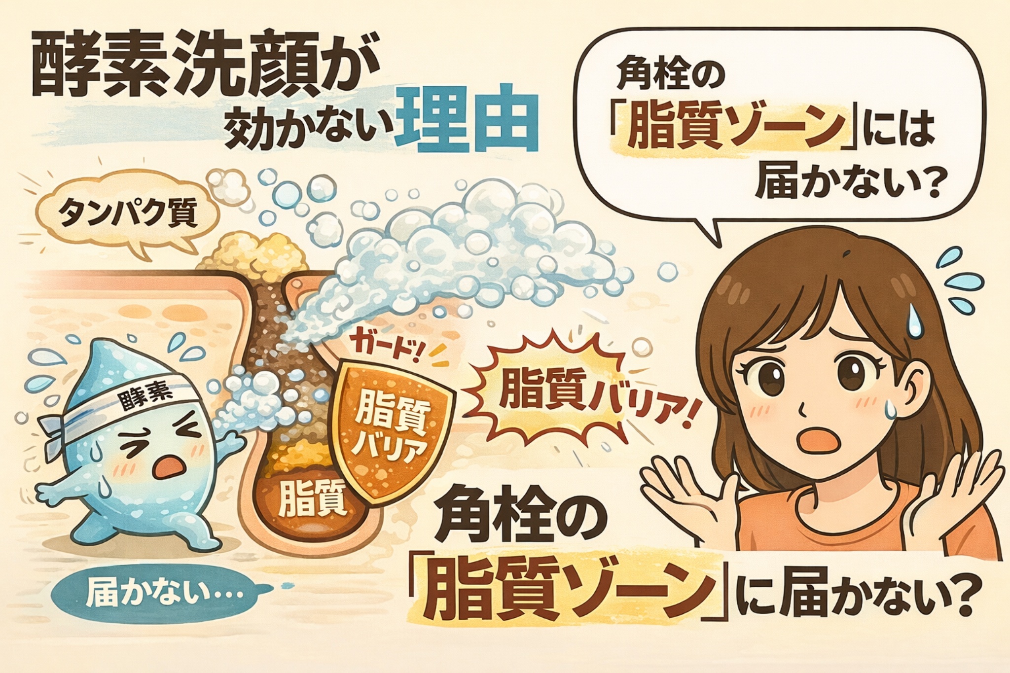 酵素洗顔が効かない理由を、角栓の「脂質ゾーン」という構造から解説するイラスト。タンパク質分解に働く酵素が、角栓内部の脂質バリアに阻まれて届かない様子を毛穴断面図で示し、脂質ゾーンには酵素が作用しにくいことを、驚く女性の表情とともにわかりやすく表現している。