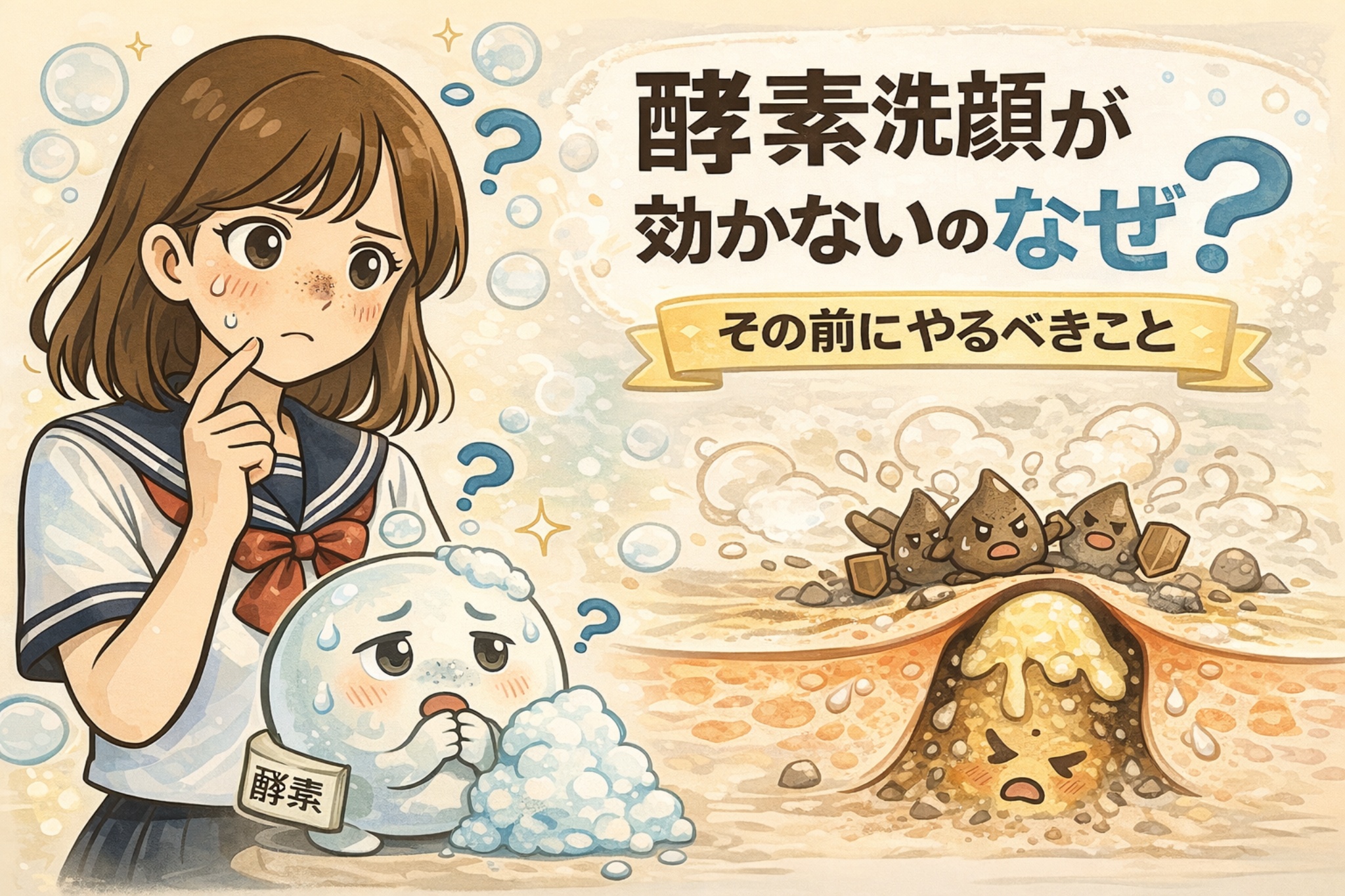 酵素洗顔が効かない理由と、その前に必要なケアを解説するイラスト。疑問を浮かべる女子学生と、酵素を擬人化した泡キャラクター、洗顔では落ちにくい角栓構造を示す毛穴断面図を描き、角栓の性質と事前ケアの重要性をわかりやすく表現している。