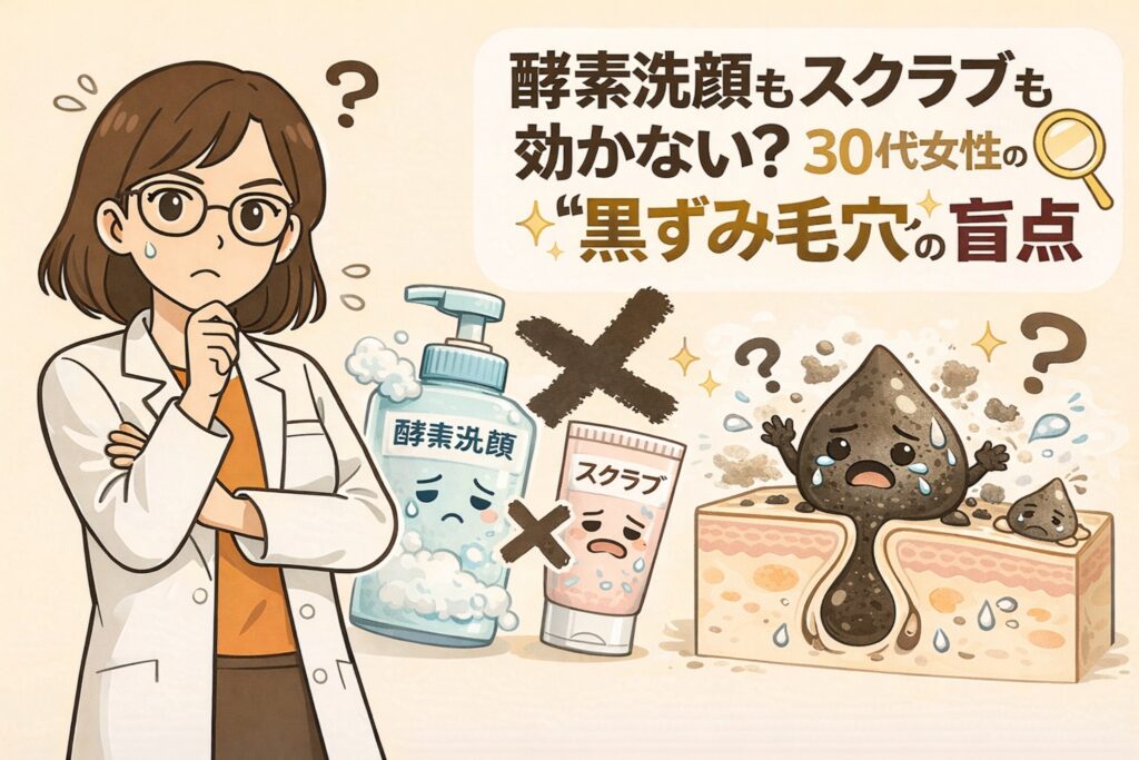 白衣を着た女性研究者キャラクターが悩む表情で立ち、酵素洗顔とスクラブに×印が付けられ、毛穴断面図から黒ずんだ角栓が涙を流している様子を描いた、30代女性の「黒ずみ毛穴の盲点」を解説するイラスト