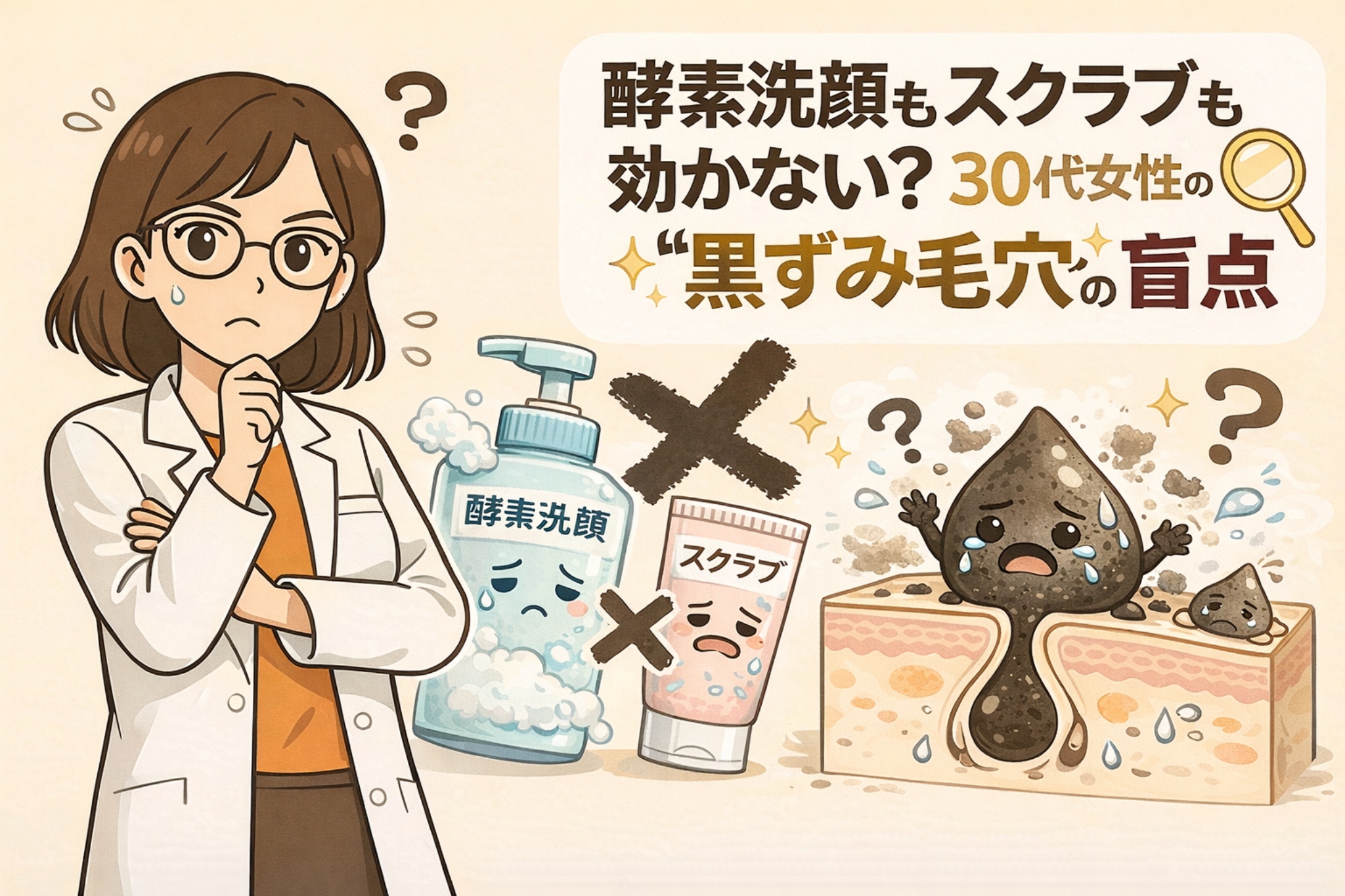 白衣を着た女性研究者キャラクターが悩む表情で立ち、酵素洗顔とスクラブに×印が付けられ、毛穴断面図から黒ずんだ角栓が涙を流している様子を描いた、30代女性の「黒ずみ毛穴の盲点」を解説するイラスト