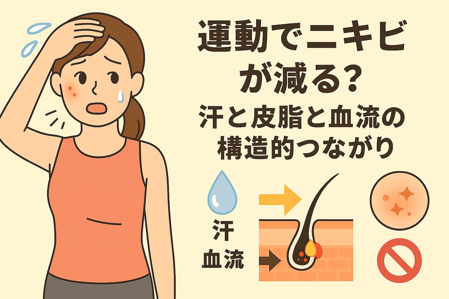 運動後に汗をぬぐいながらニキビに悩む女性が描かれたイラスト。右側には「運動でニキビが減る？汗と皮脂と血流の構造的つながり」という見出しと、汗マーク・血流の矢印・毛穴構造・ニキビ改善のビフォーアフターが可視化されている。