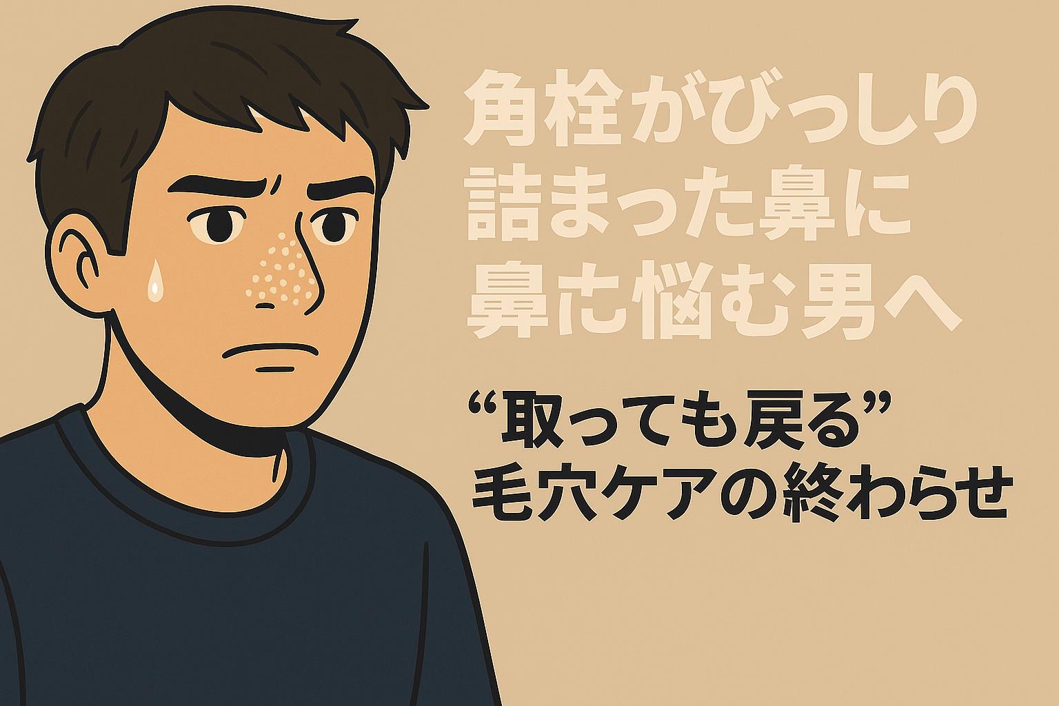 「取っても戻る」毛穴悩みに向き合う男性が、鼻の角栓に悩みつつ正面を見据える構図。表情と文字で“根本ケアの重要性”を訴えるビジュアル。