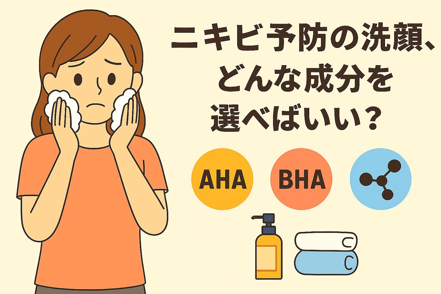 洗顔中の女性が不安そうな表情で顔をこすっている。右側には「AHA」「BHA」などの洗顔成分アイコンとともに、「ニキビ予防の洗顔、どんな成分を選べばいい？」という問いが配置されたフラットスタイルの説明画像。