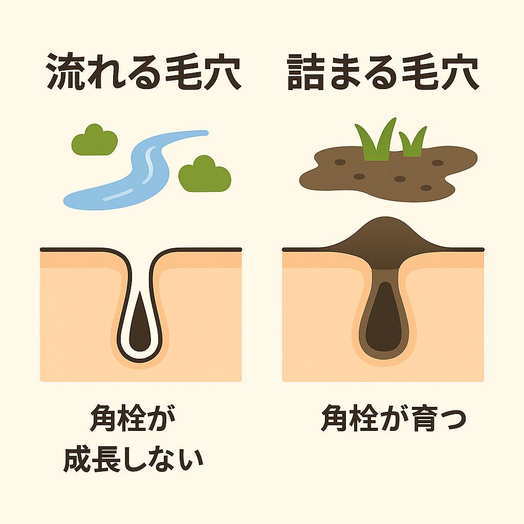 「流れる毛穴と詰まる毛穴の比較図。 左：流れる毛穴──皮脂がスムーズに流れ、角栓が成長しない。川と緑のアイコンで表現。 右：詰まる毛穴──皮脂が滞って角栓が育つ。泥と草のアイコンで表現。」