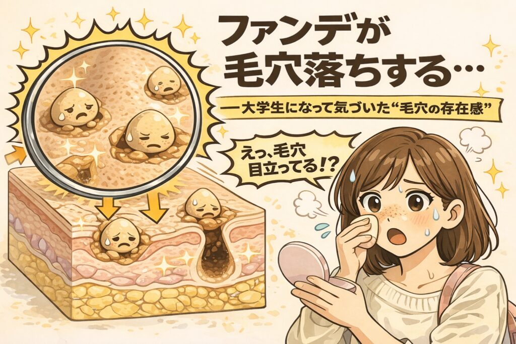 ファンデーションが毛穴に落ちて目立つ現象を解説する図解イラスト。拡大鏡で毛穴断面が描かれ、毛穴の凹凸にファンデーションがたまり“毛穴落ち”が起きる構造が示されている。右側では大学生の女性が鏡を見て「毛穴目立ってる!?」と驚く様子が描かれ、大学生になって気づきやすい毛穴の存在感とメイク崩れの関係を分かりやすく伝える教育用ビジュアル。