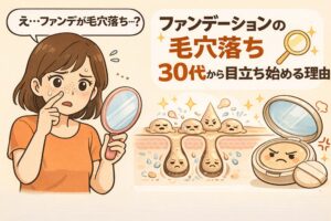 ファンデーションの毛穴落ちに悩む30代女性が鏡を見て困った表情をしており、「ファンデーションの毛穴落ちは30代から目立ち始める理由」を、毛穴断面図や詰まり・乾燥の状態、コンパクトファンデのイラストとともに解説している図解イラスト