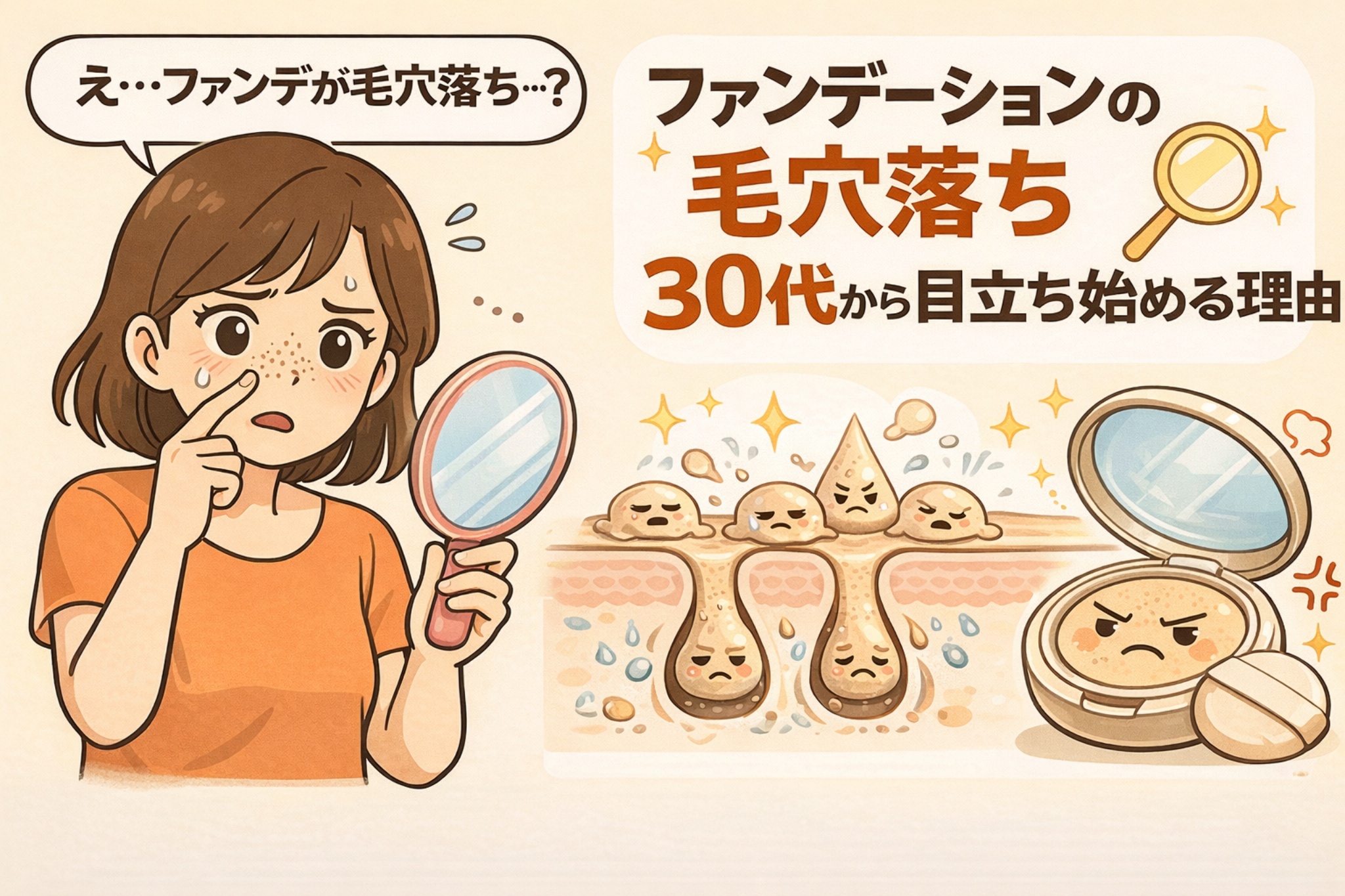 ファンデーションの毛穴落ちに悩む30代女性が鏡を見て困った表情をしており、「ファンデーションの毛穴落ちは30代から目立ち始める理由」を、毛穴断面図や詰まり・乾燥の状態、コンパクトファンデのイラストとともに解説している図解イラスト