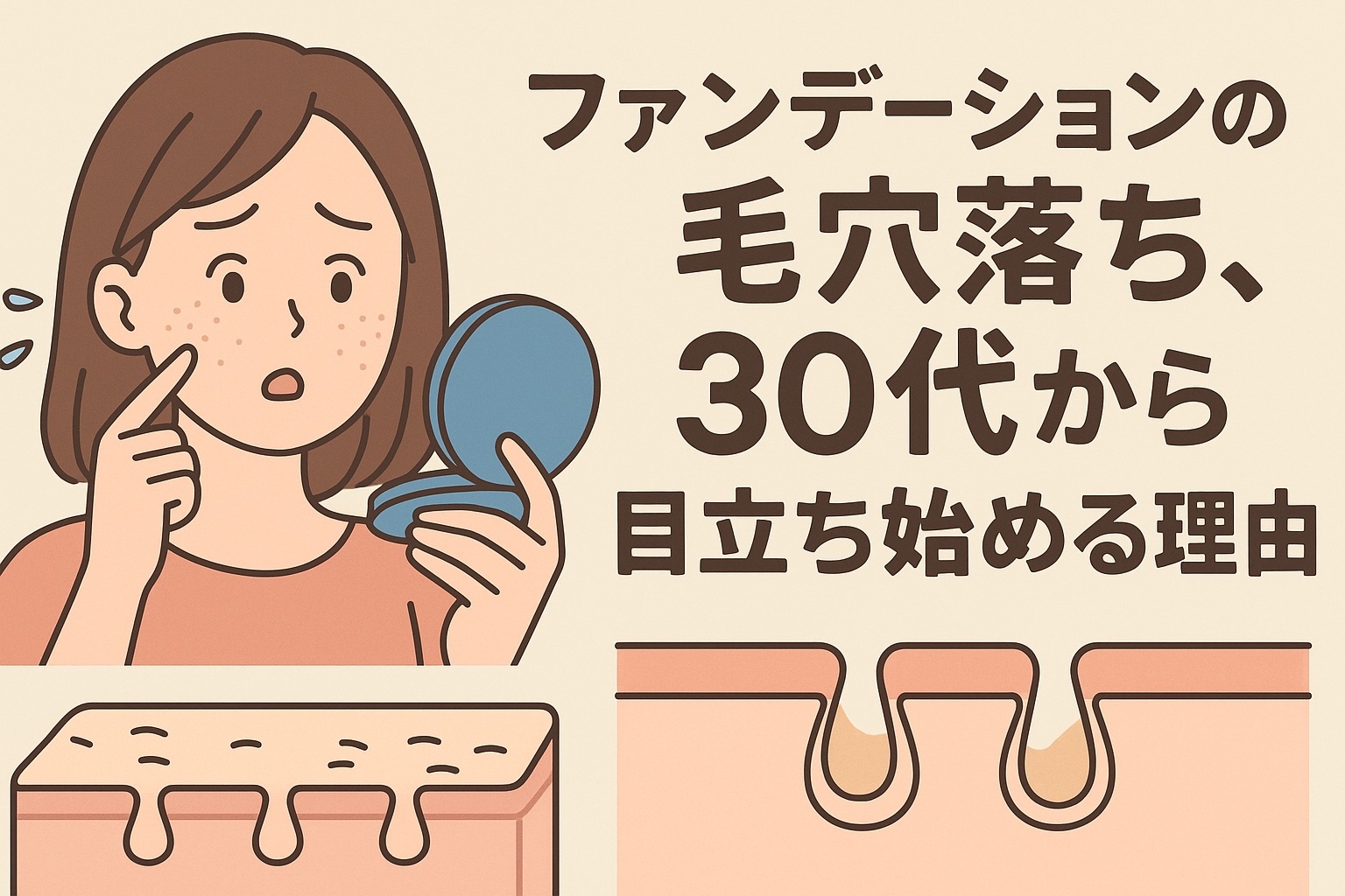 30代女性がファンデーションの毛穴落ちに悩む様子／30代から毛穴落ちが目立ち始める理由を表現した画像／頬に開いた毛穴とファンデの沈着をイラストで可視化