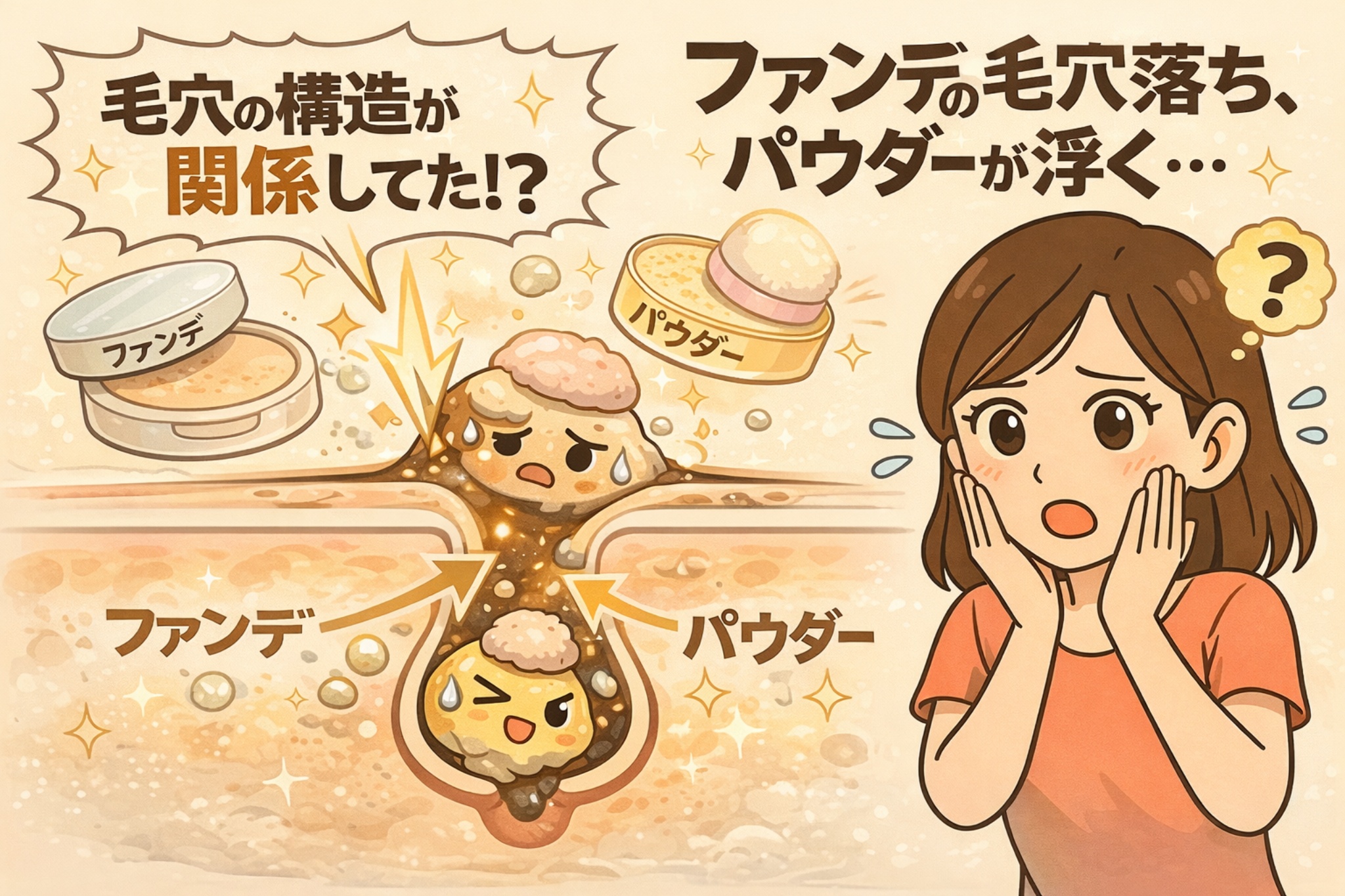 ファンデーションが毛穴落ちし、パウダーが浮いて見える原因を毛穴構造で解説したイラスト。毛穴内にファンデや皮脂が入り込み、表面にパウダーが残る仕組みを断面図で示し、メイク崩れが起きやすい構造的背景をわかりやすく説明している。