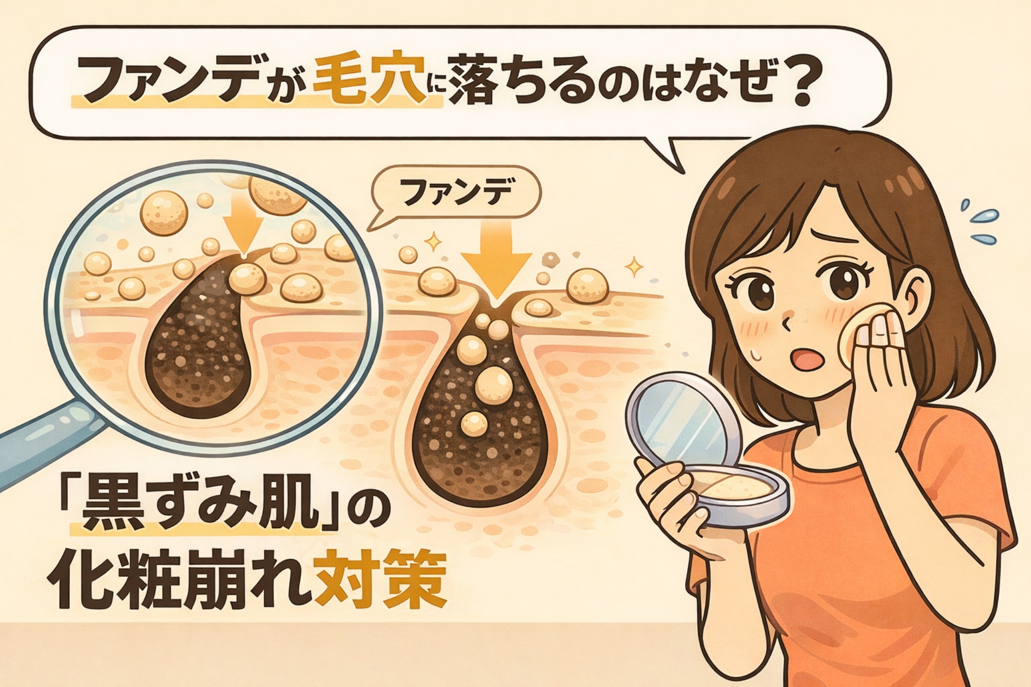 ファンデーションが毛穴に落ちる理由を解説したイラスト。黒ずみや角栓が残った毛穴にファンデーションの粒子が入り込み、時間とともに目立ってしまう構造を、拡大した毛穴断面図で表現している。鏡を見ながら頬に触れて悩む女性の姿とともに、「黒ずみ肌の化粧崩れ対策」という視点から、ファンデが毛穴落ちする仕組みを分かりやすく示している。